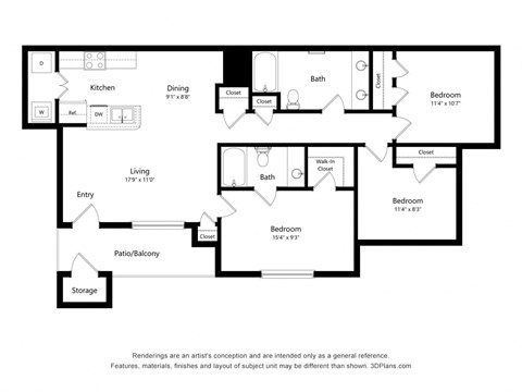 Floor plan for 3 beds, 2 baths, 1083 sqft